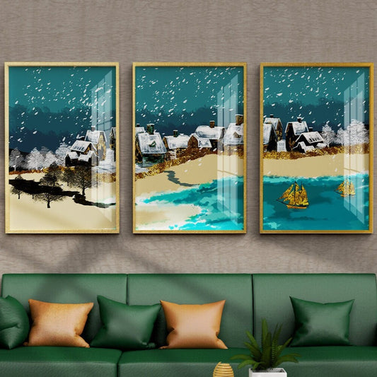 Großes 3er-Set Leinwandbilder mit Bauernhäusern, großer blauer Leinwanddruck im schwebenden Rahmen, Winterdorf-Wanddekor im schwebenden Rahmen