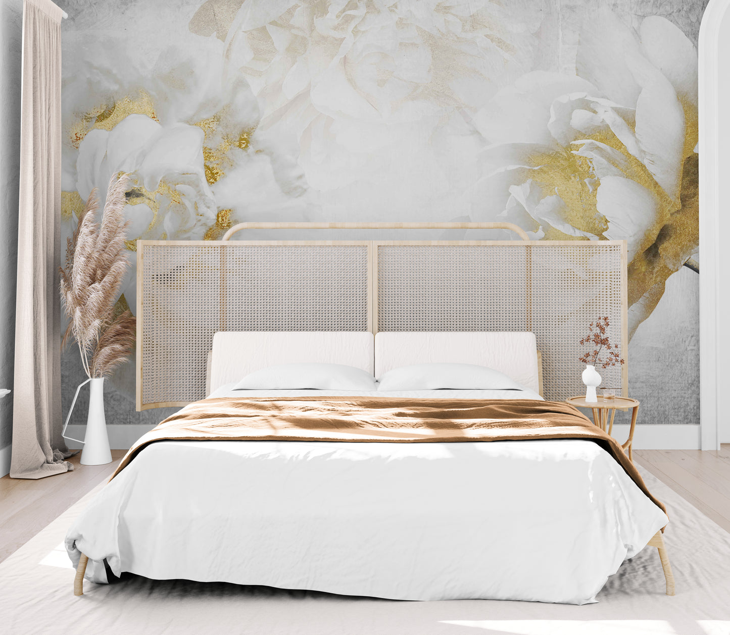 Peony wallpaper, extra large peel and stick floral wall mural, self adhesive white and gold wallpaper mural, accent wallpaper for living room