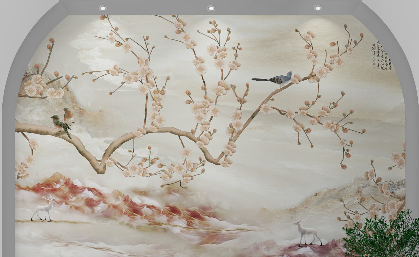 Large chinoiserie wallpaper, Botanical oriental wall mural, Beige wallpaper with birds, Peel and stick wallpaper mural, Accent self adhesive wallpaper