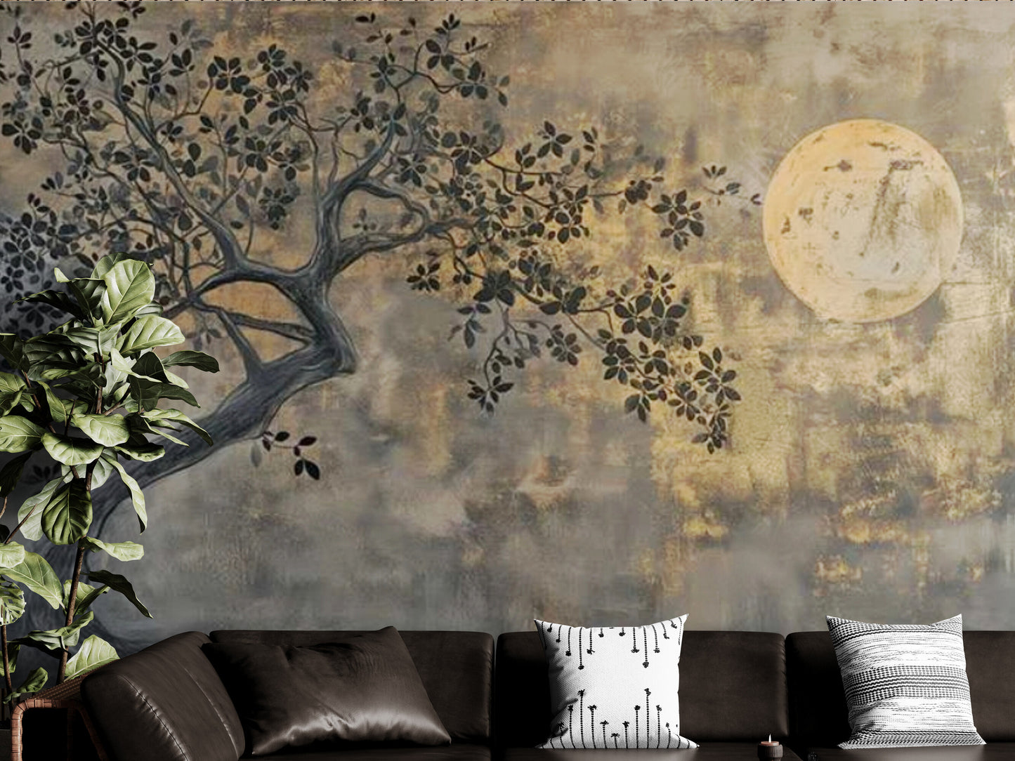 Extra large loft wallpaper, Peel and stick wall mural with moon image, Brown gold wallpaper mural, Self adhesive nature wall mural, Temporary wallpaper for living room, accent wallpaper