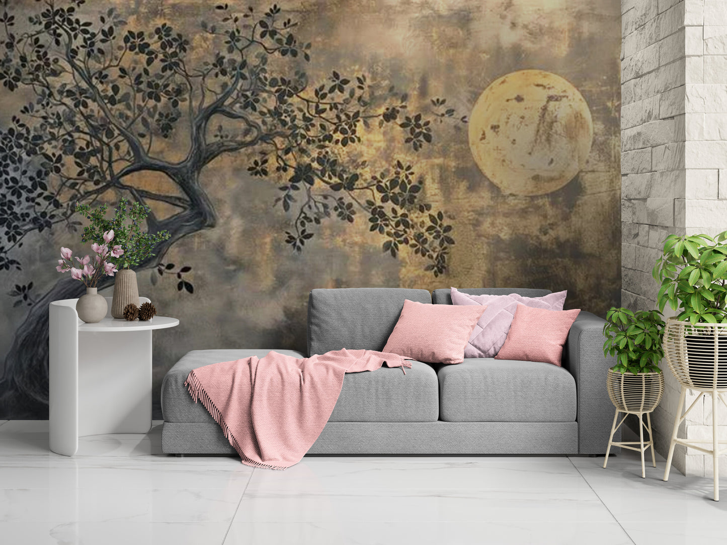 Extra large loft wallpaper, Peel and stick wall mural with moon image, Brown gold wallpaper mural, Self adhesive nature wall mural, Temporary wallpaper for living room, accent wallpaper