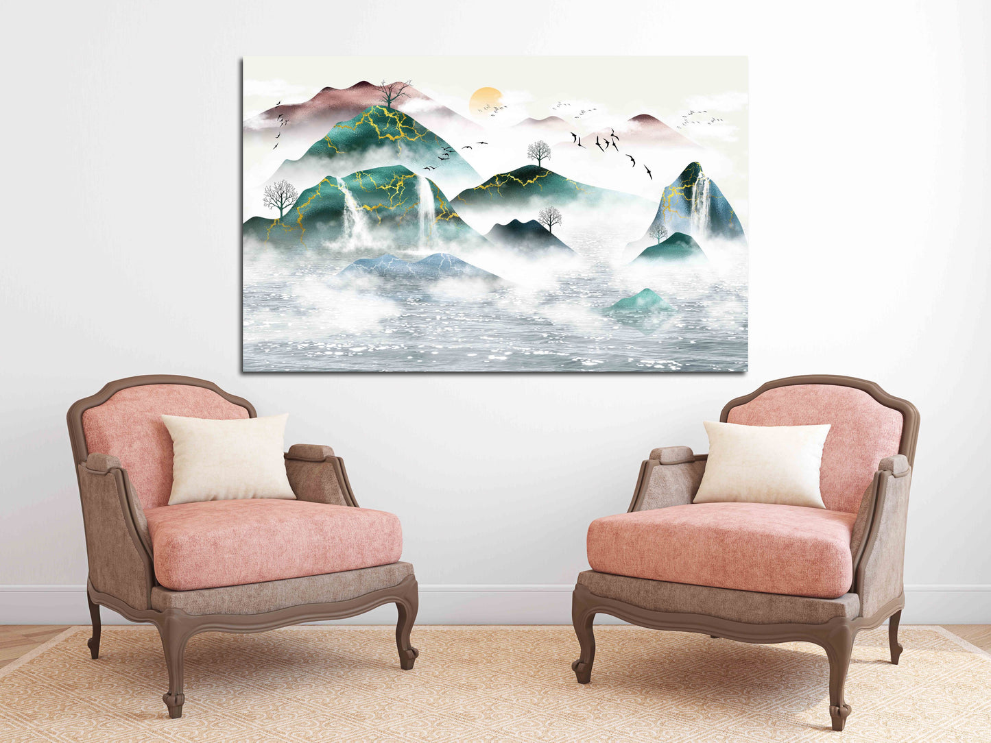 Smaragdgrüne Wanddekoration Gerahmte Wandkunst Berge Leinwandgemälde Berg Wandtattoa Drucke Moderne Abstrakte Leinwandmalerei