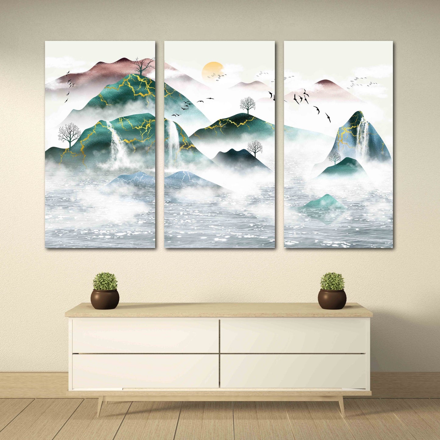 Smaragdgrüne Wanddekoration Gerahmte Wandkunst Berge Leinwandgemälde Berg Wandtattoa Drucke Moderne Abstrakte Leinwandmalerei