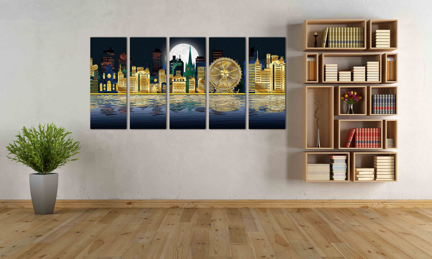 Stadt bei Nacht-Dekor, Leinwandgemälde, extragroße mehrteilige Wandkunst, Bilderrahmen, Wanddekoration für Zuhause, Nachtstadt, Wandcollage-Set