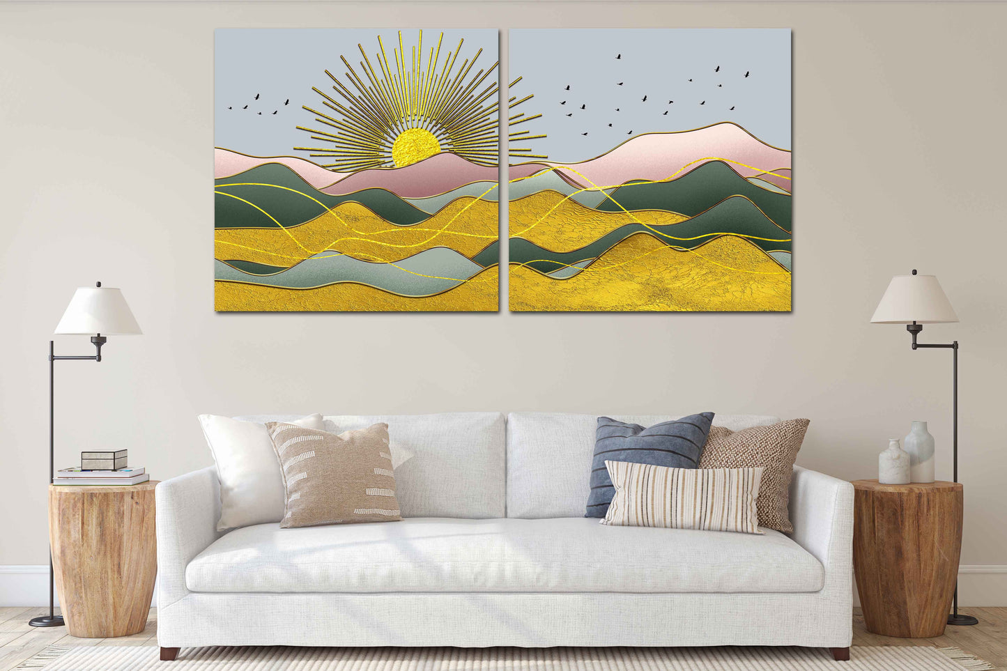 Indie-Raumdekor Goldene Sonne Felsen und Berge 3-teilige Leinwand Home Wanddekor Outdoor Berge Wandkunst Leinwandgemälde