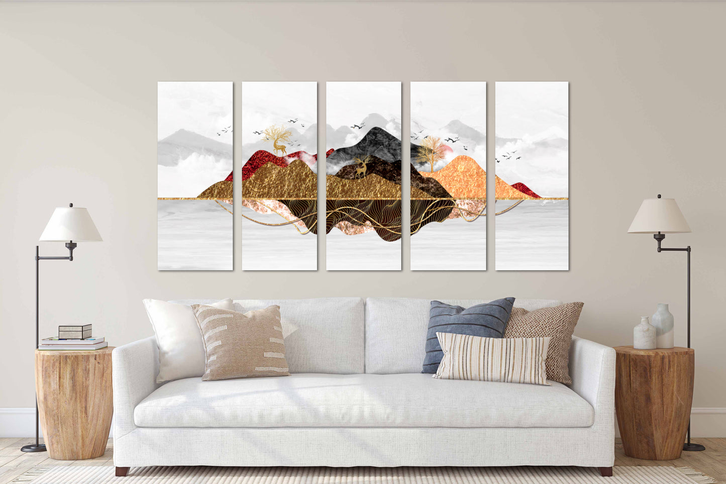 Gerahmte Wandkunst Berge Goldener Hirsch Rauchberge Wandkunst 3-teilige Leinwand Outdoor Berge Leinwandgemälde Home Wanddekoration