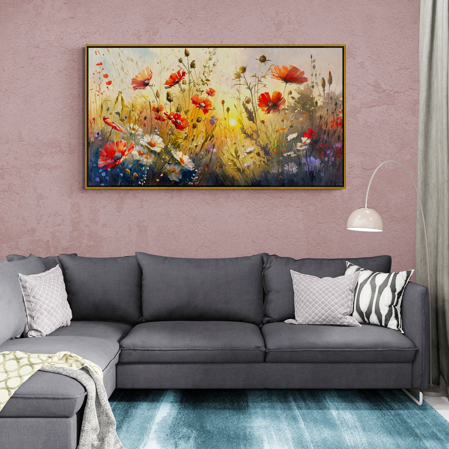 Framed floral wall art, canvas print with poppies, floral field wall art, red poppy artwork, botanical wall art