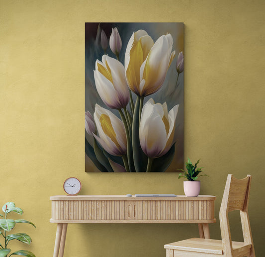 Large tulips wall art, floral canvas print, printable framed artwork, white flowers wall art, botanical floater frame living room wall art