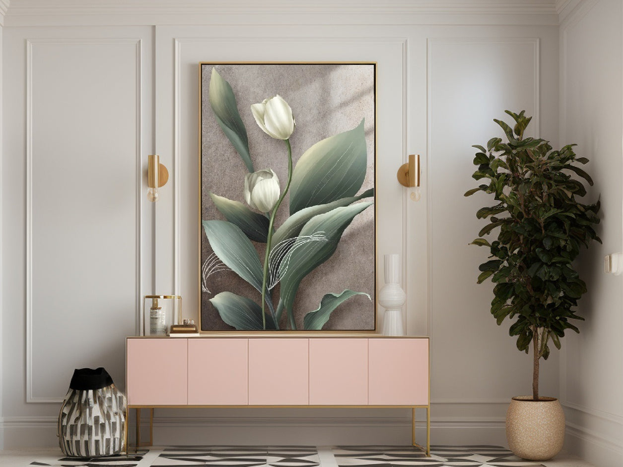 Whie tulips canvas print, large floral wall art, printable floating frame artwork, framed botanical canvas print, living room wall art