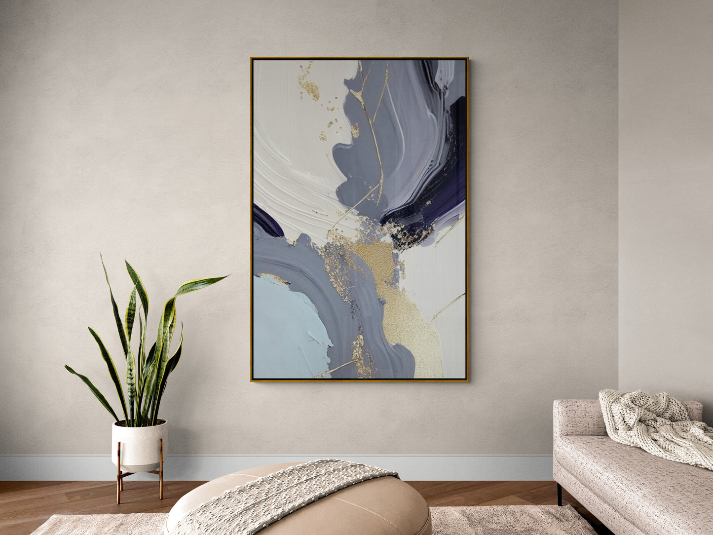 Large abstract wall art, blue floater frame canvas print, printable wall hanging decor, aluminum frame artwork, modern living room wall art