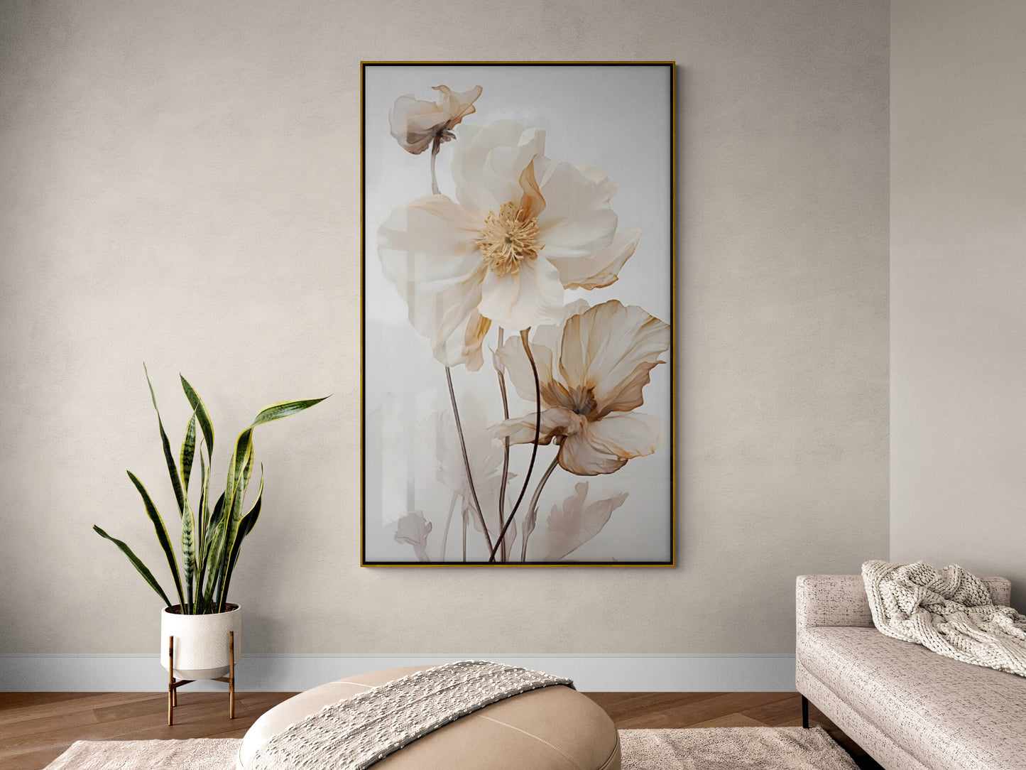 Floral canvas wall art, large framed canvas print, gentle flowers wall art, printable floater frame artwork, wildflower bedroom canvas print