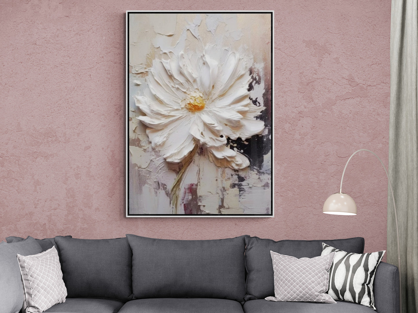 Large floral framed wall art, 3d effect flower canvas print, white flower canvas print, printable wildflower artwork, living room wall art