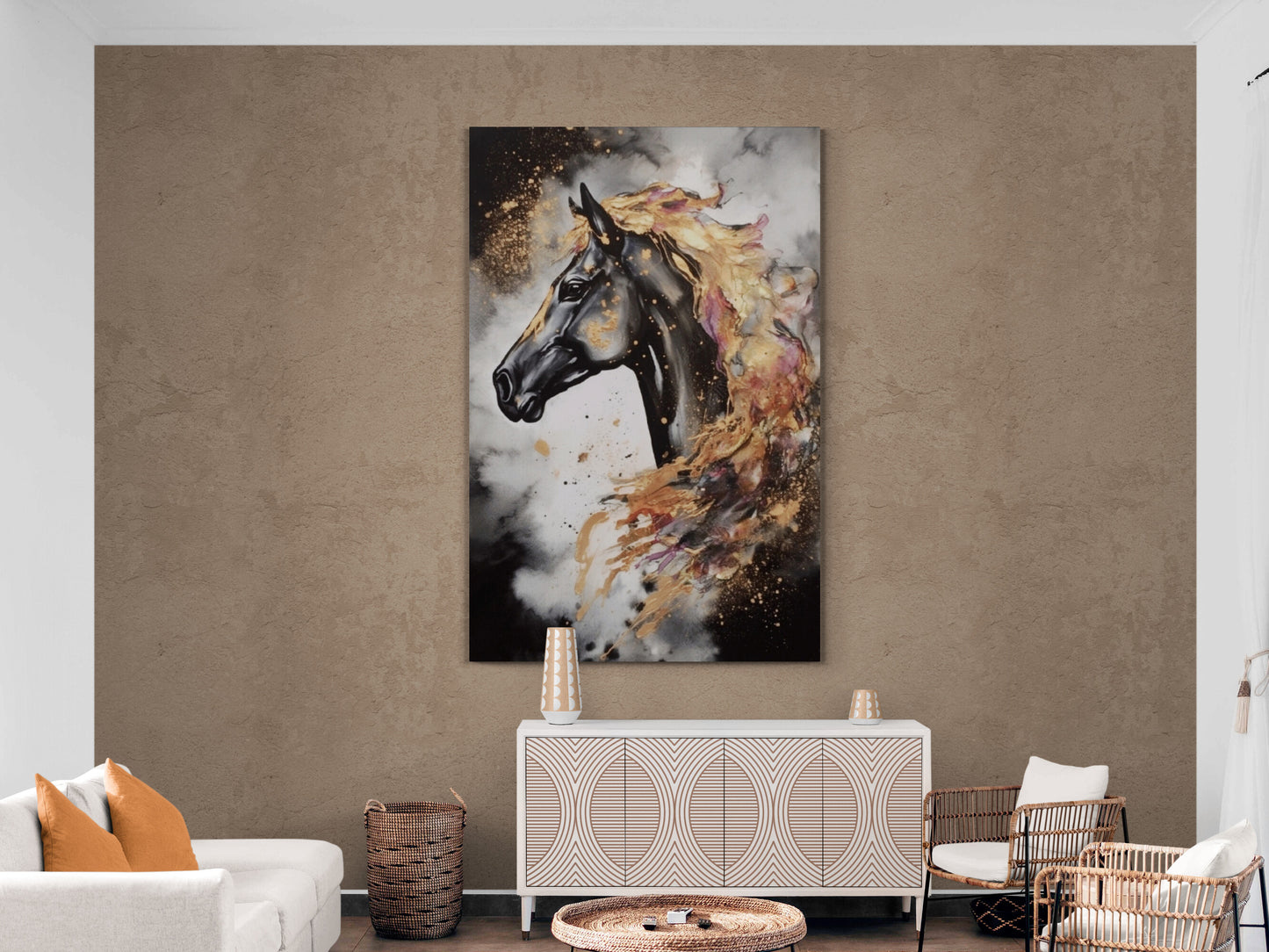 Black horse wall art, large animal canvas print, moderm framed artwok, stylish floater frame wall art, gift wall art, printable artwork