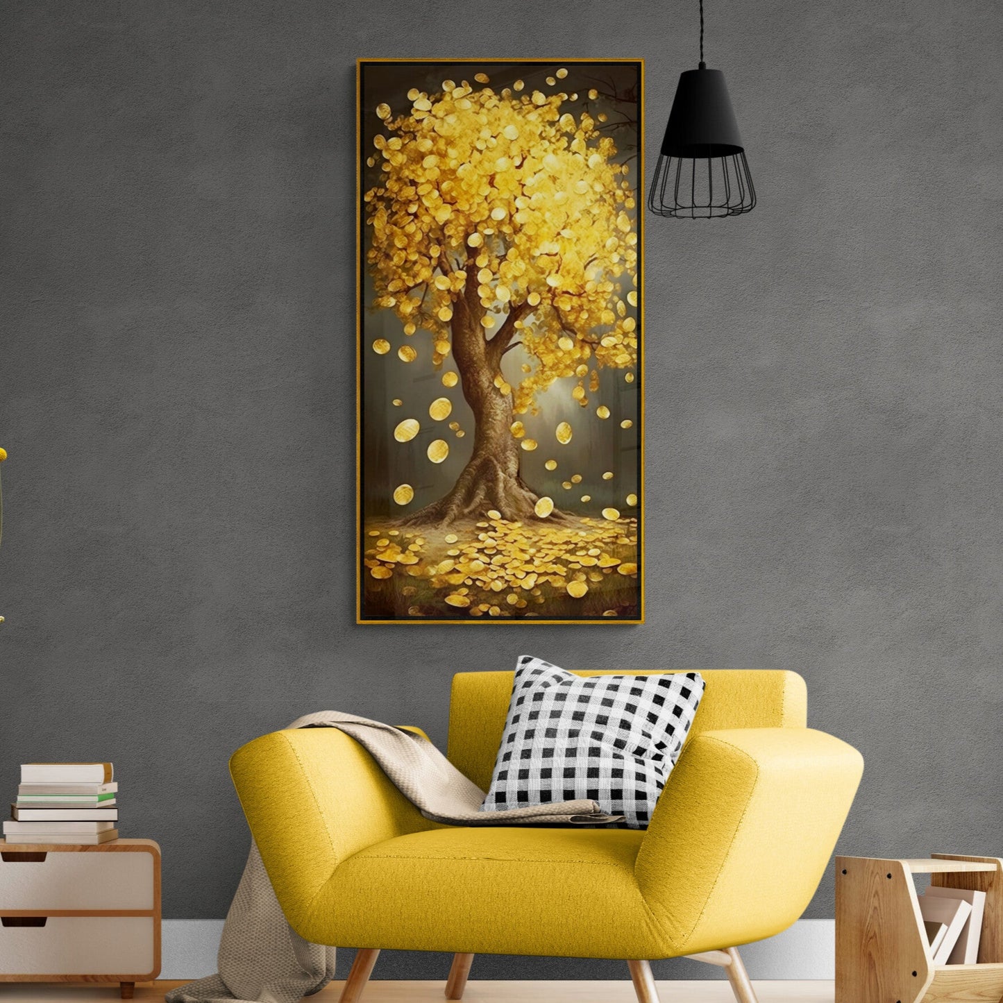 Money tree art print, framed golden tree wall art, vertical botanical wall art, modern living room wall art, fantasy art print, gift for boss