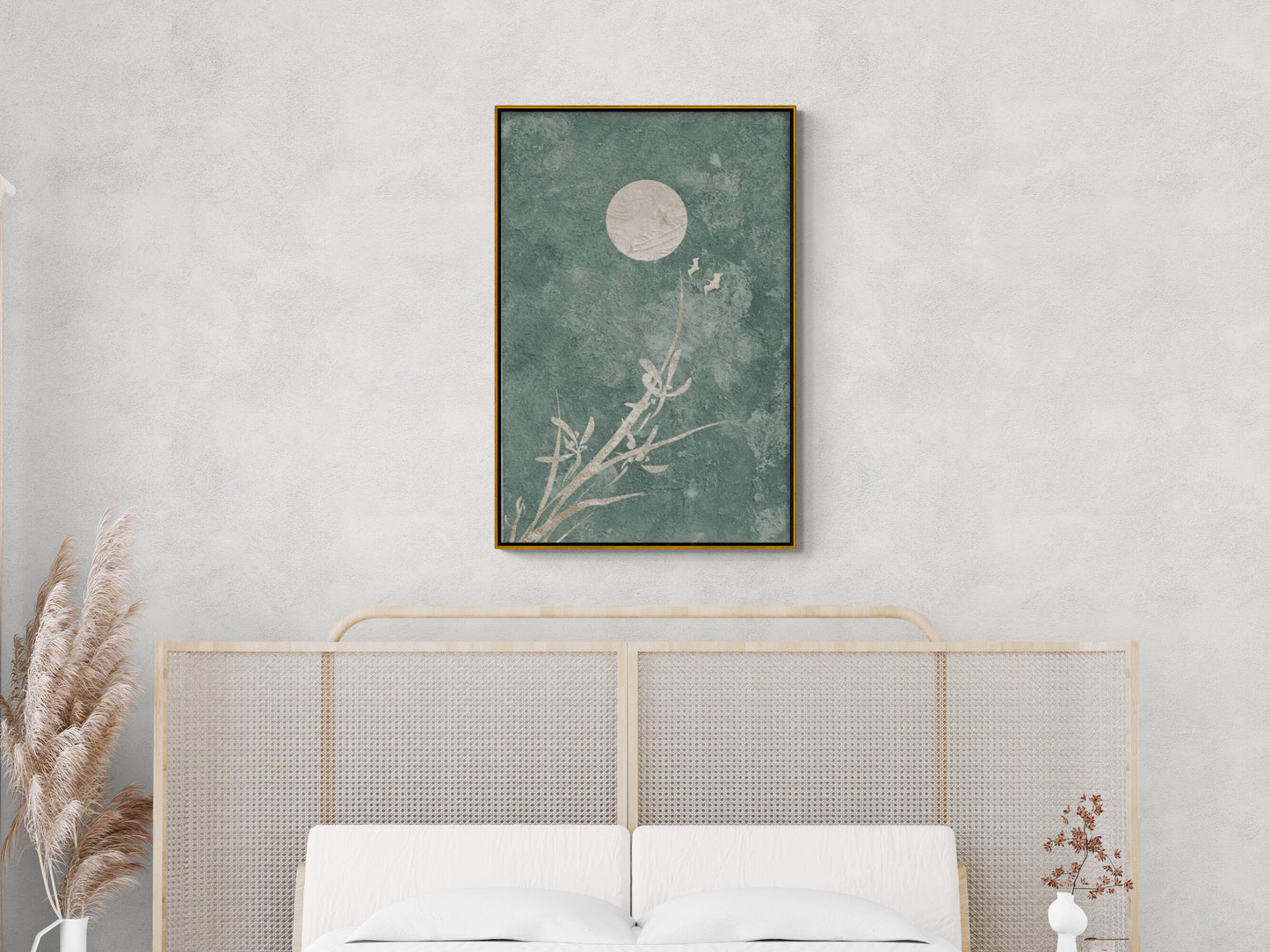 Chinoiserie wall art, framed artwork with moon image, large vertical japandi canvas print, oriental wall art in green and white colors, wall art for living room, gift for him