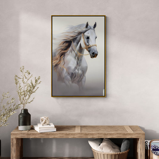 Horse wall art, framed canvas print with animal image, artwork with image of large white horse, vertical art print, gift for horse lovers, living room wall art