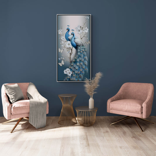 Birds wall art, framed wall art with peacock image, animals art print, large vertical canvas print, living room wall art, godmother gift