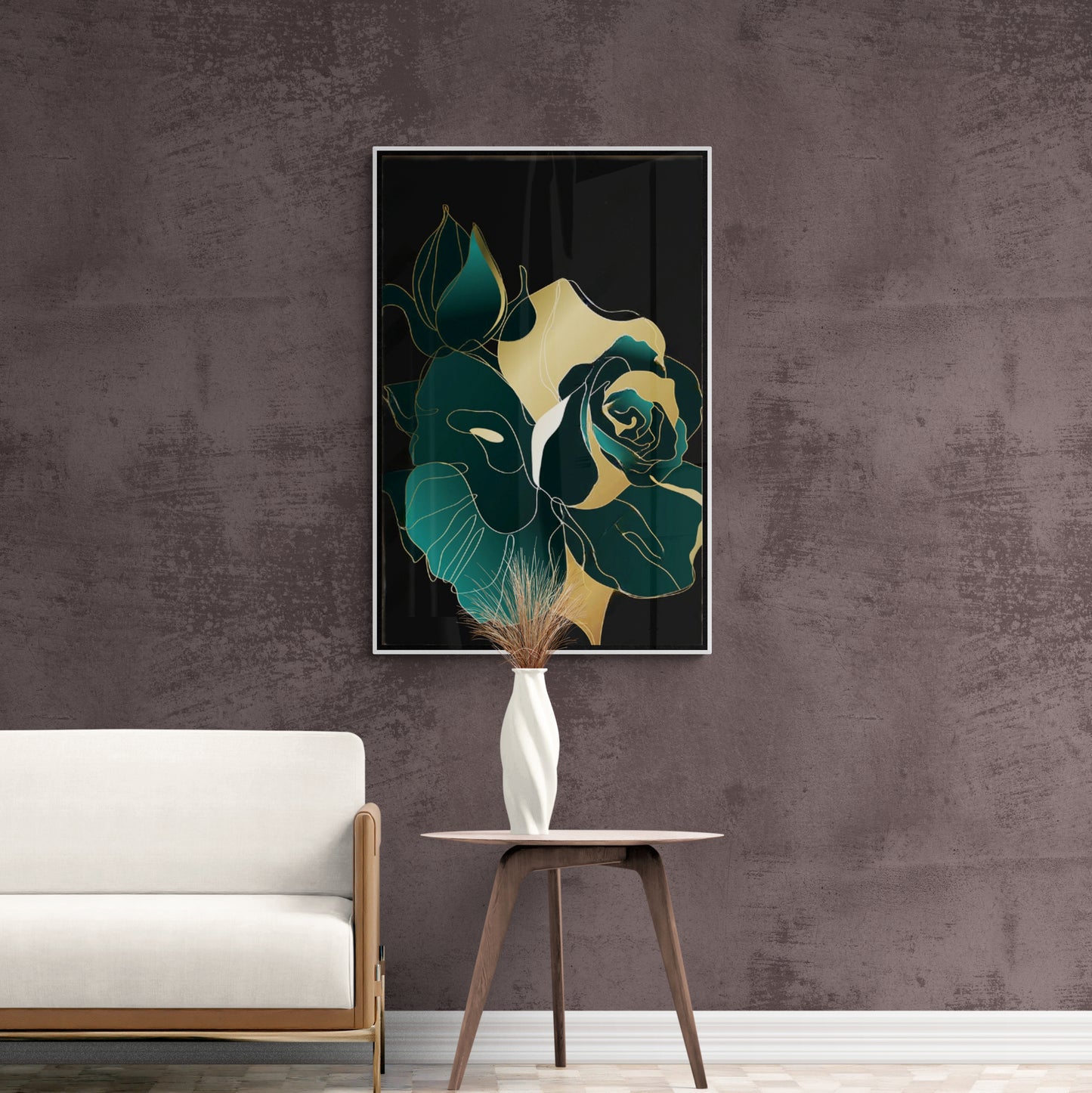 Floral wall art, green rose art print, framed abstract artwork, large flower wall art, vertical above bed wall art, gift for wife