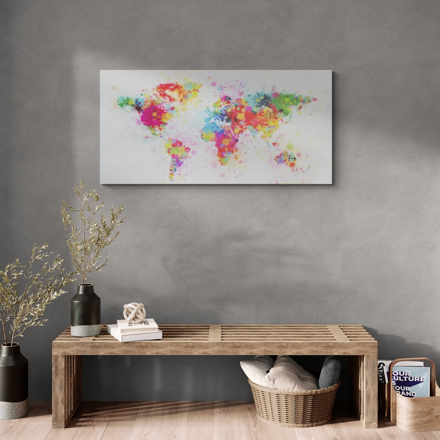 World map canvas print, abstract wall art, colorful artwork, framed wall art, horizontal above bed wall art, office canvas print