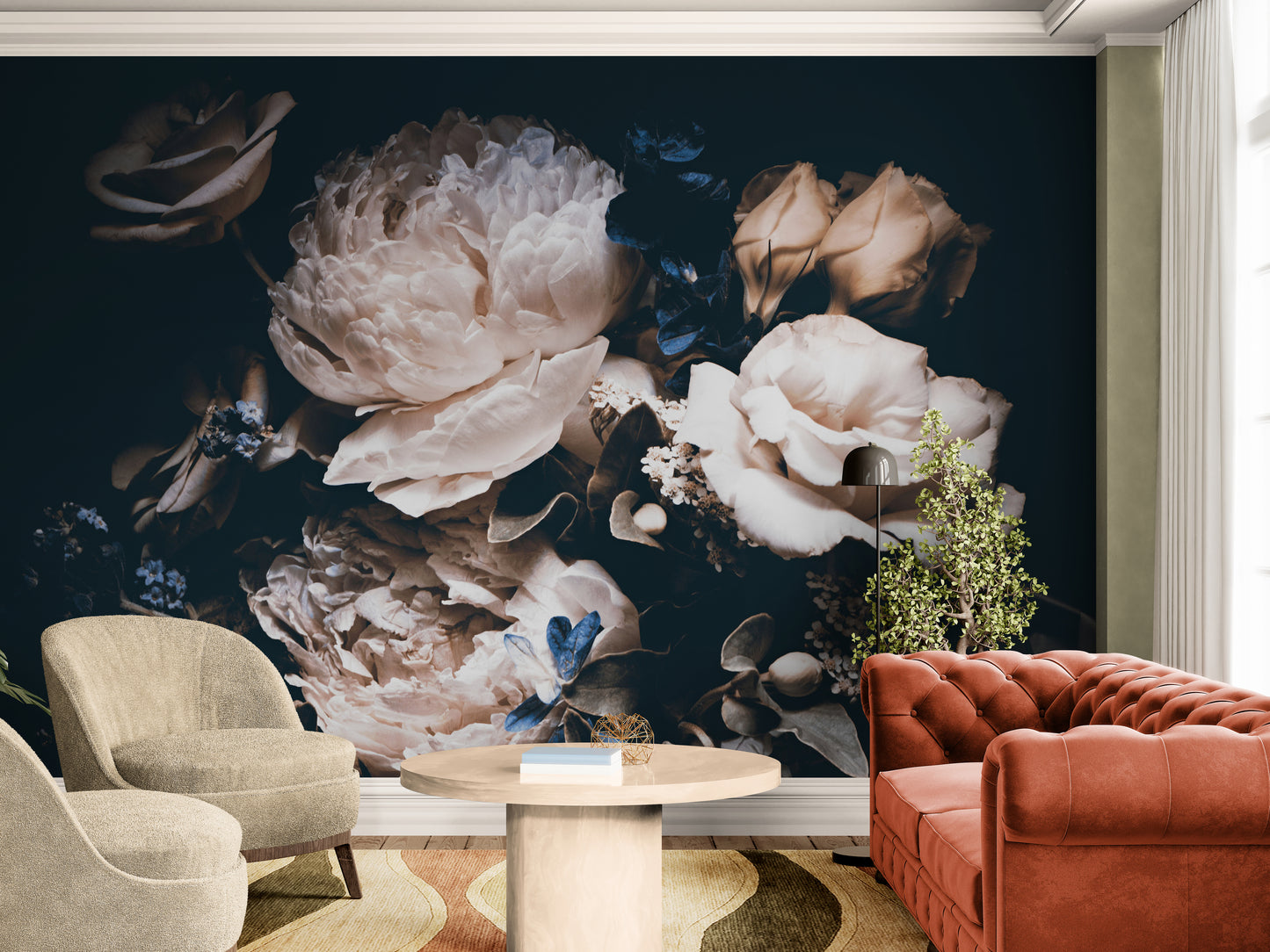 Dark floral wallpaper, Peel and stick peonies wallpaper mural, Extra large floral wall mural, Big flowers wallpaper, Temporary wall mural for bedroom