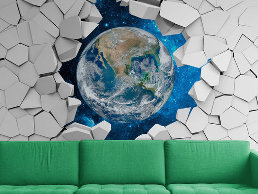 3D effect wallpaper, wallpaper with Earth, wallpaper with bricks, wall mural for nursery, children`s wallpaper, peel and stick wallpaper