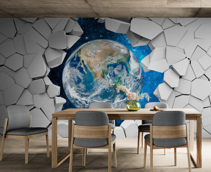 3D effect wallpaper, wallpaper with Earth, wallpaper with bricks, wall mural for nursery, children`s wallpaper, peel and stick wallpaper