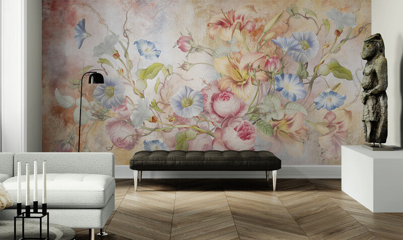 Extra large floral wallpaper, peel and stick wall mural with colorful flowers, accentual wallpaper for living room or bedroom