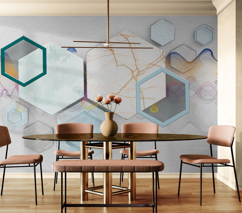 3d wallpaper, large geometrical wall mural, wallpaper with hexagons, peel and stick wallpaper, accentual wall mural for living room