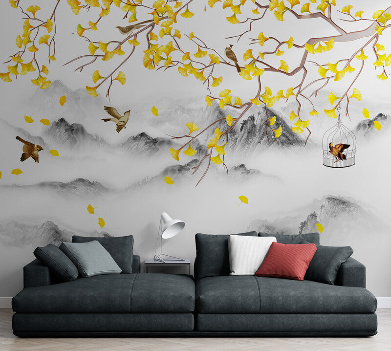 Extra large botanical wallpaper, peel and stick wall mural with oriental motifs, accentual wallpaper with trees and birds