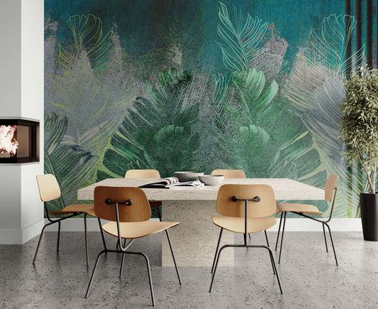 Extra large wallpaper with leaves, peel and stick botanical wall mural, removable green wallpaper, abstract wallpaper for living room or bedroom