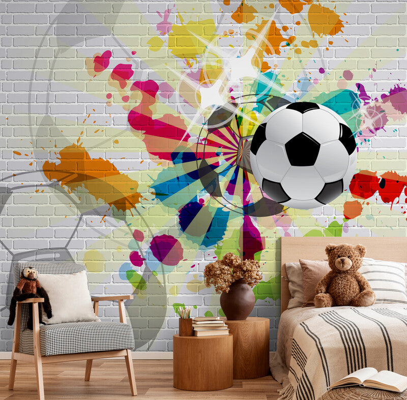 Peel and stick kids wallpaper, nursery wall mural, sport wallpaper, colorful wallpaper with soccer ball, accentual football wallpaper