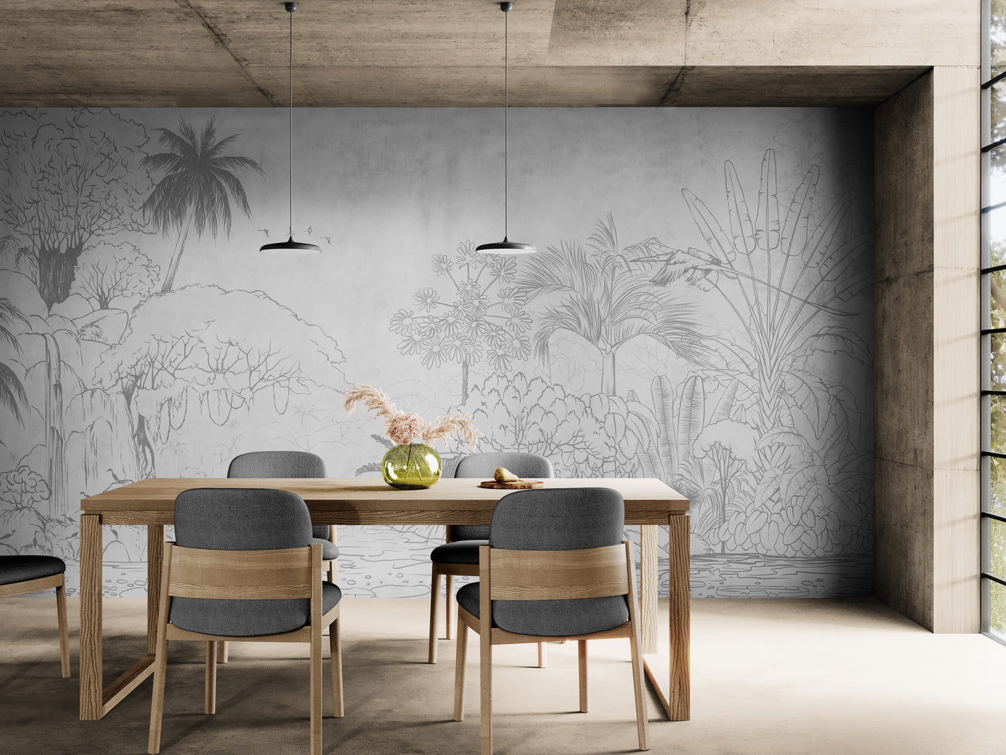 Black and white botanical wallpaper, nature wall mural, accentual nursery wallpaper, peel and stick tropical wallpaper for bedroom, removable wall mural