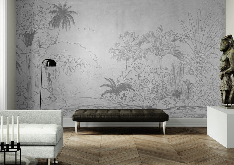 Black and white botanical wallpaper, nature wall mural, accentual nursery wallpaper, peel and stick tropical wallpaper for bedroom, removable wall mural