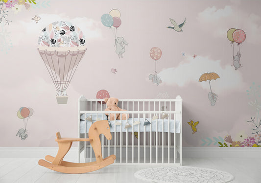 Extra large nursery wallpaper, self adhesive girl room wall mural, peel and stick baloons wallpaper, accentual pink wallpaper for child bedroom