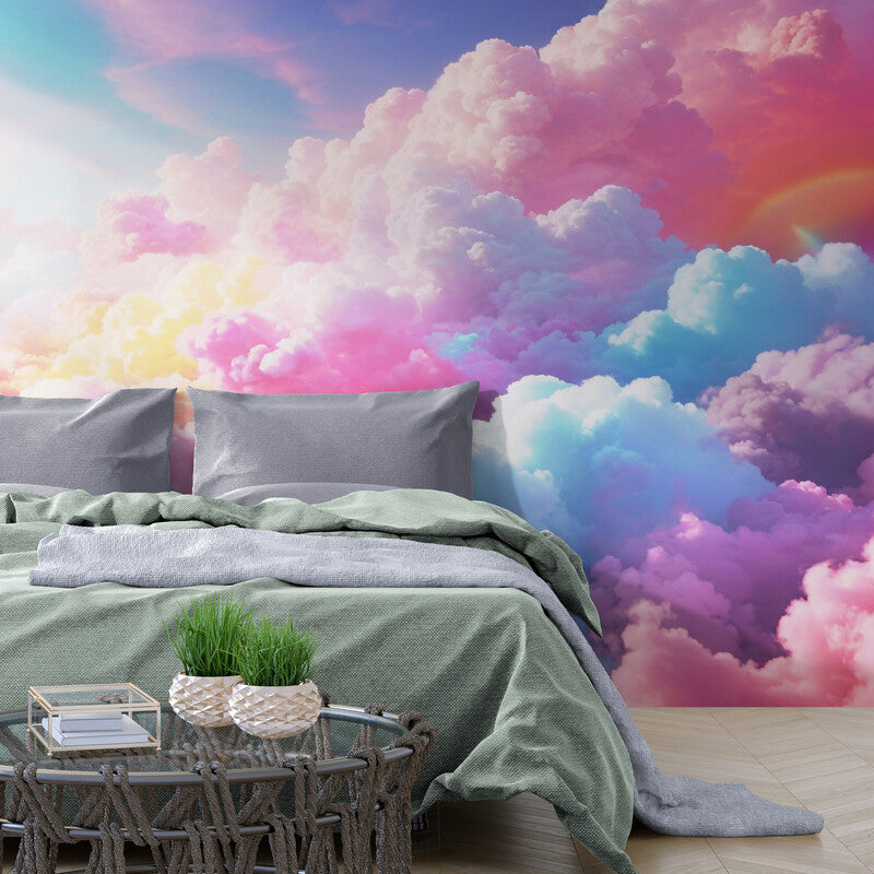 Extra large clouds wallpaper, self adhesive celestial wall mural, colorful abstract peel and stick wallpaper mural, wallpaper with colorful sky image, removable wallpaper