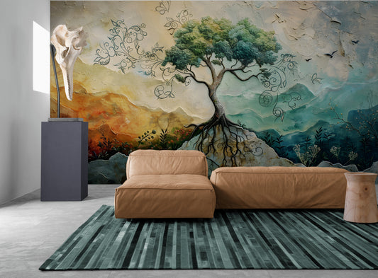 Tree of life wallpaper, botanical peel and stick wall mural, self adhesive wallpaper with large tree image, removable wallpaper mural, colorful nature wall mural, accent wallpaper