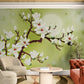 Magnolia blossom wall mural, self adhesive floral wallpaper, blooming tree wallpaper, peel and stick green and white wall mural, botanical wallpaper, temporary wall mural, accent wallpaper for living room