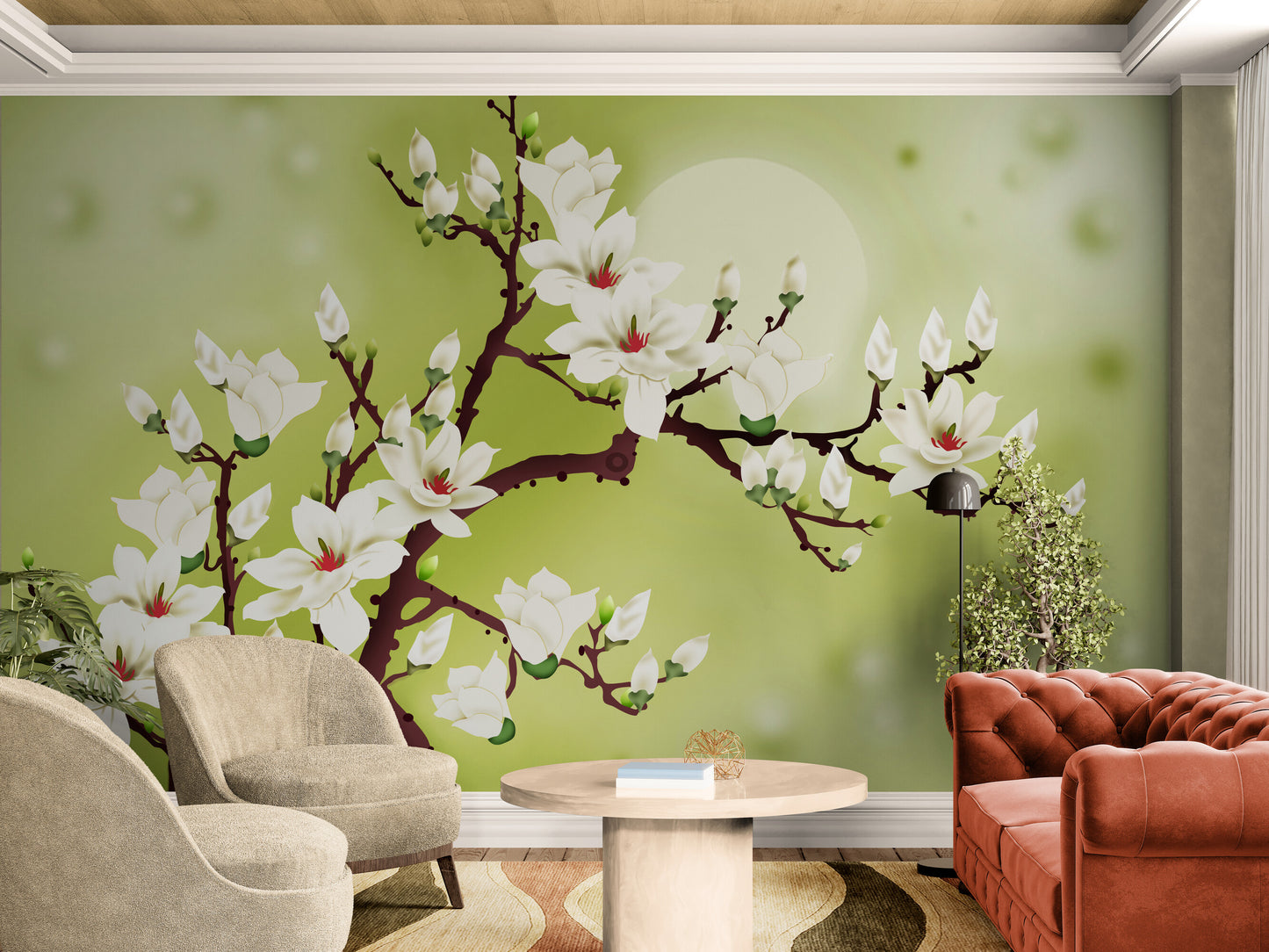 Magnolia blossom wall mural, self adhesive floral wallpaper, blooming tree wallpaper, peel and stick green and white wall mural, botanical wallpaper, temporary wall mural, accent wallpaper for living room