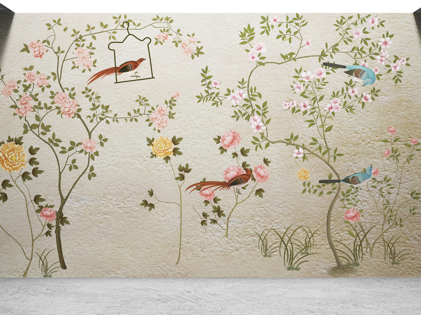 Birds and trees wall mural, botanical japandi wallpaper, self adhesive sakura blossom wall mural, floral oriental wall mural, chinoiserie wallpaper, peel and stick wallpaper mural for bedroom