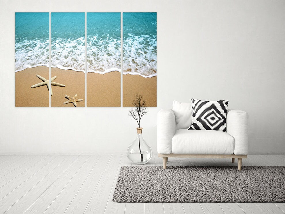 Seascape painting, Nature wall art paintings on canvas, starfish wall art, sun sea sand, sea shore prints beach wall decor canvas painting,