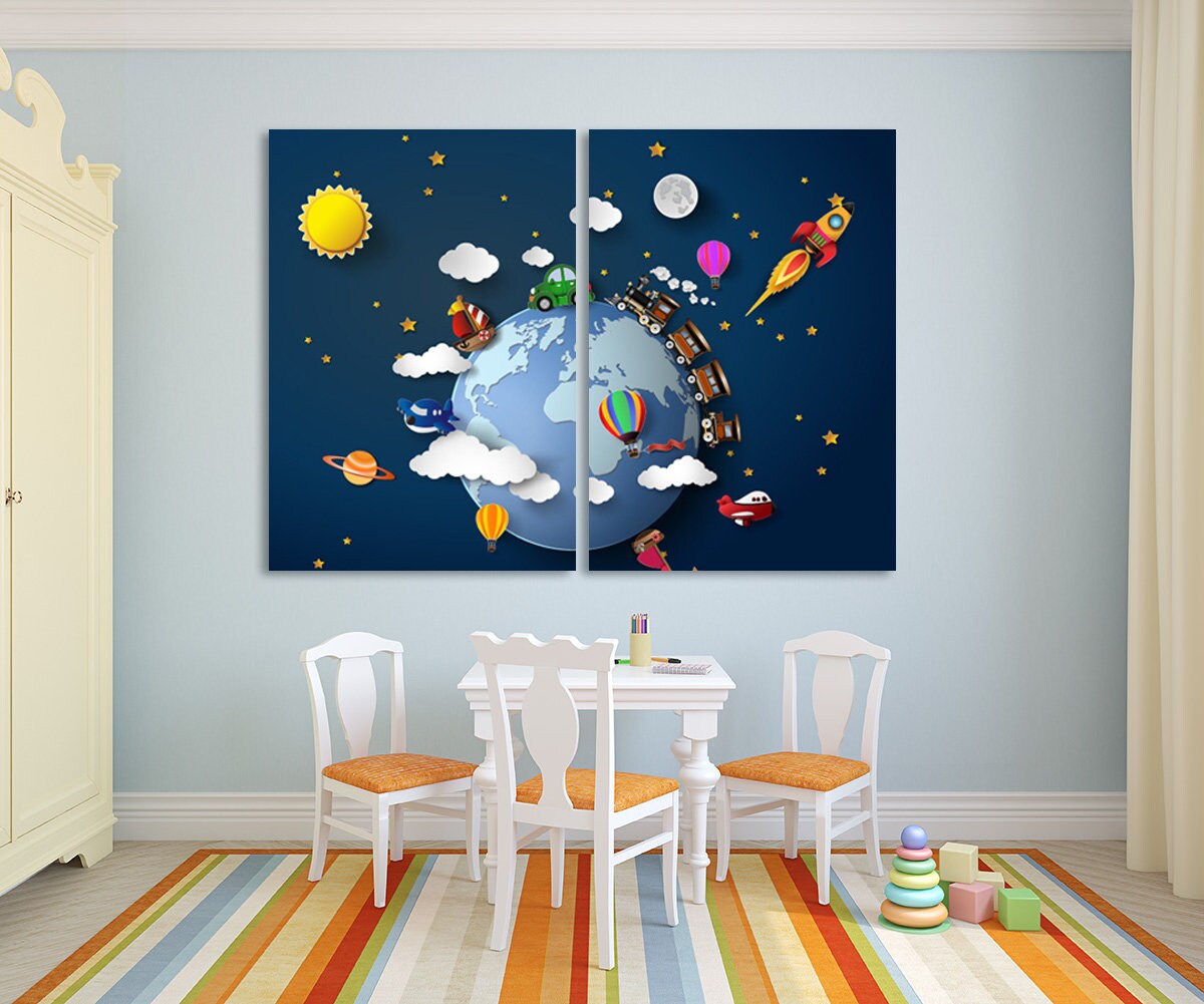 Kids space Nursery Playroom wall decor adventure Baby Kids wall print 3d space art canvas painting extra large Multi panel canvas