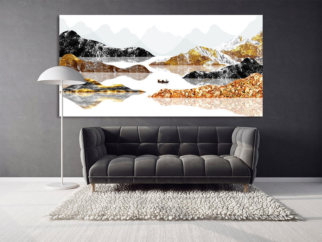 Gold mountains wall art paintings on canvas Seine river art Wall pictures mountains nature print home wall decor calm horizontal art