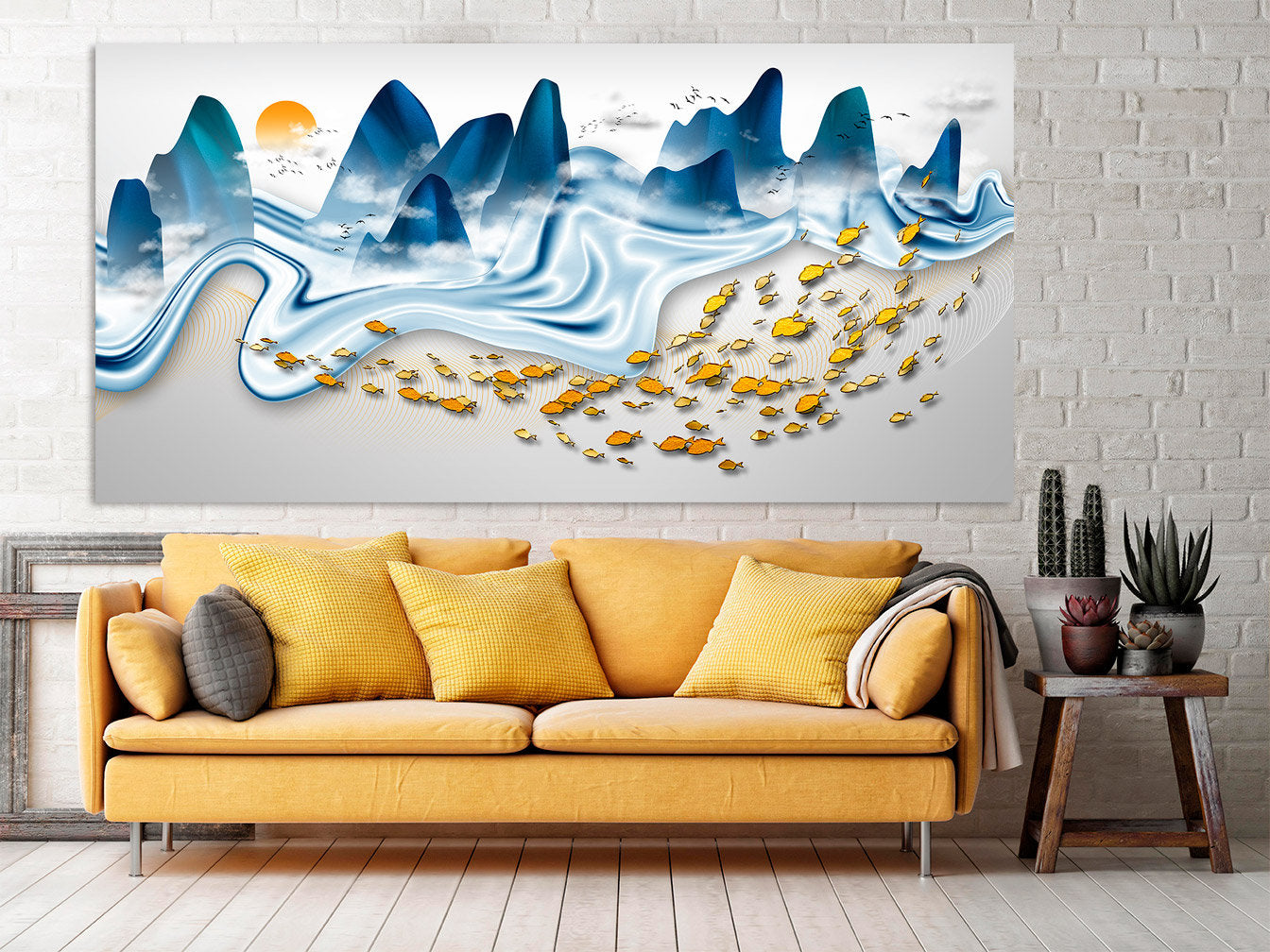 Goldfish print Gapanese wall art Mountain wall decal Blue ridge mountains line art wall print Modern abstract canvas painting