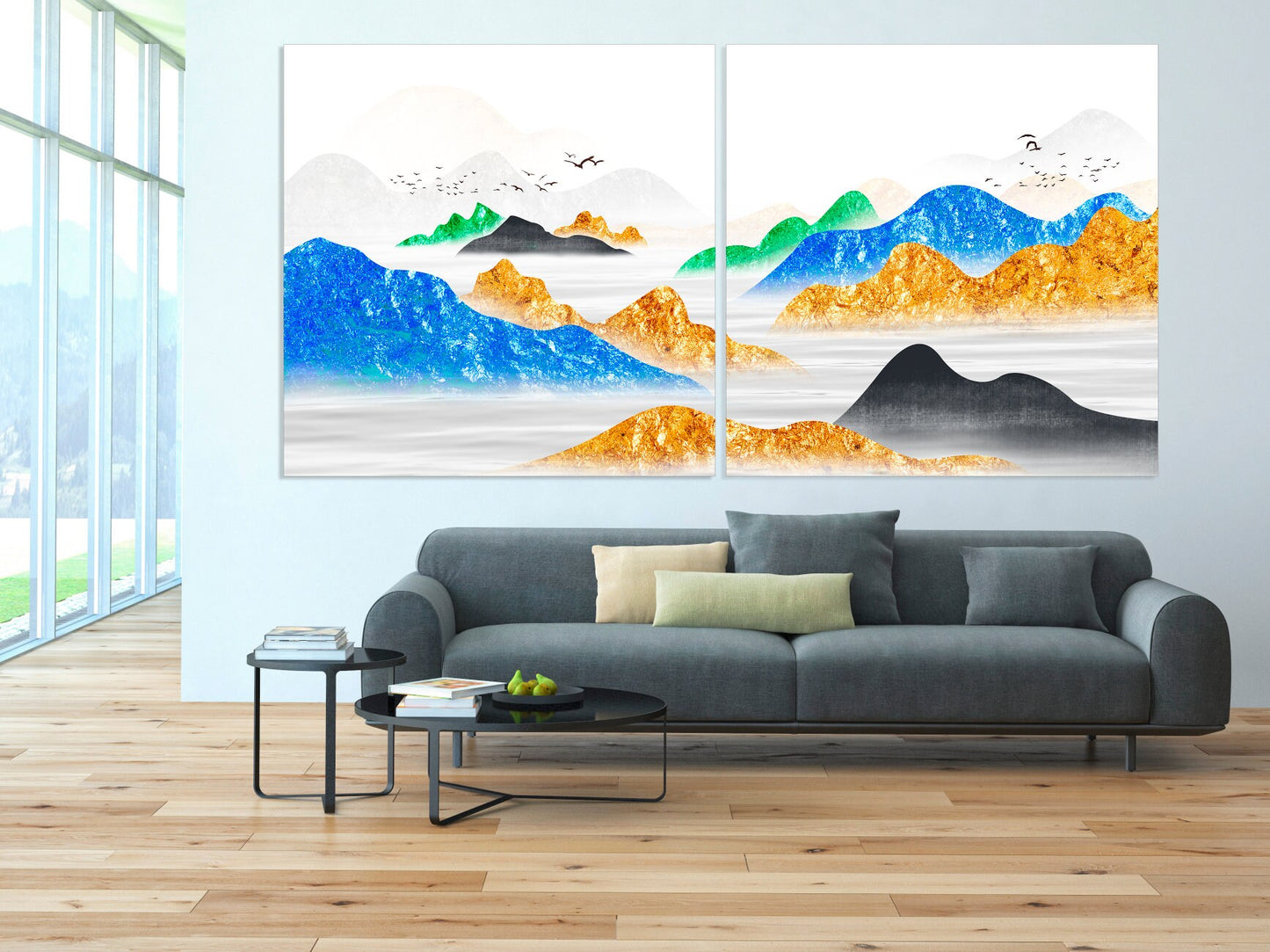 Mountain lake painting original art lake Framed wall art mountains Canvas painting Home wall decor Rocks and mountains 3 piece frame canvas