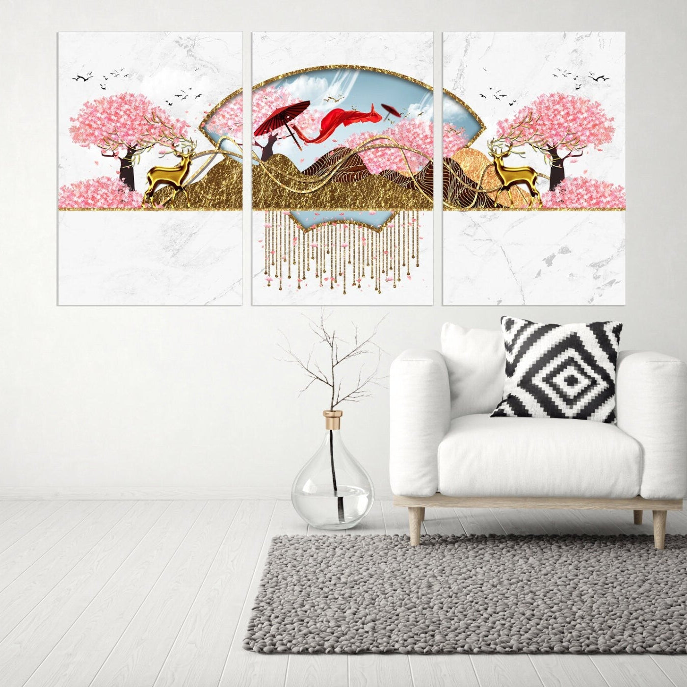 Sakura blossoms Japanese wall art Canvas painting Home wall decor 3 piece frame canvas Rocks and mountains Asian wall art Golden deer