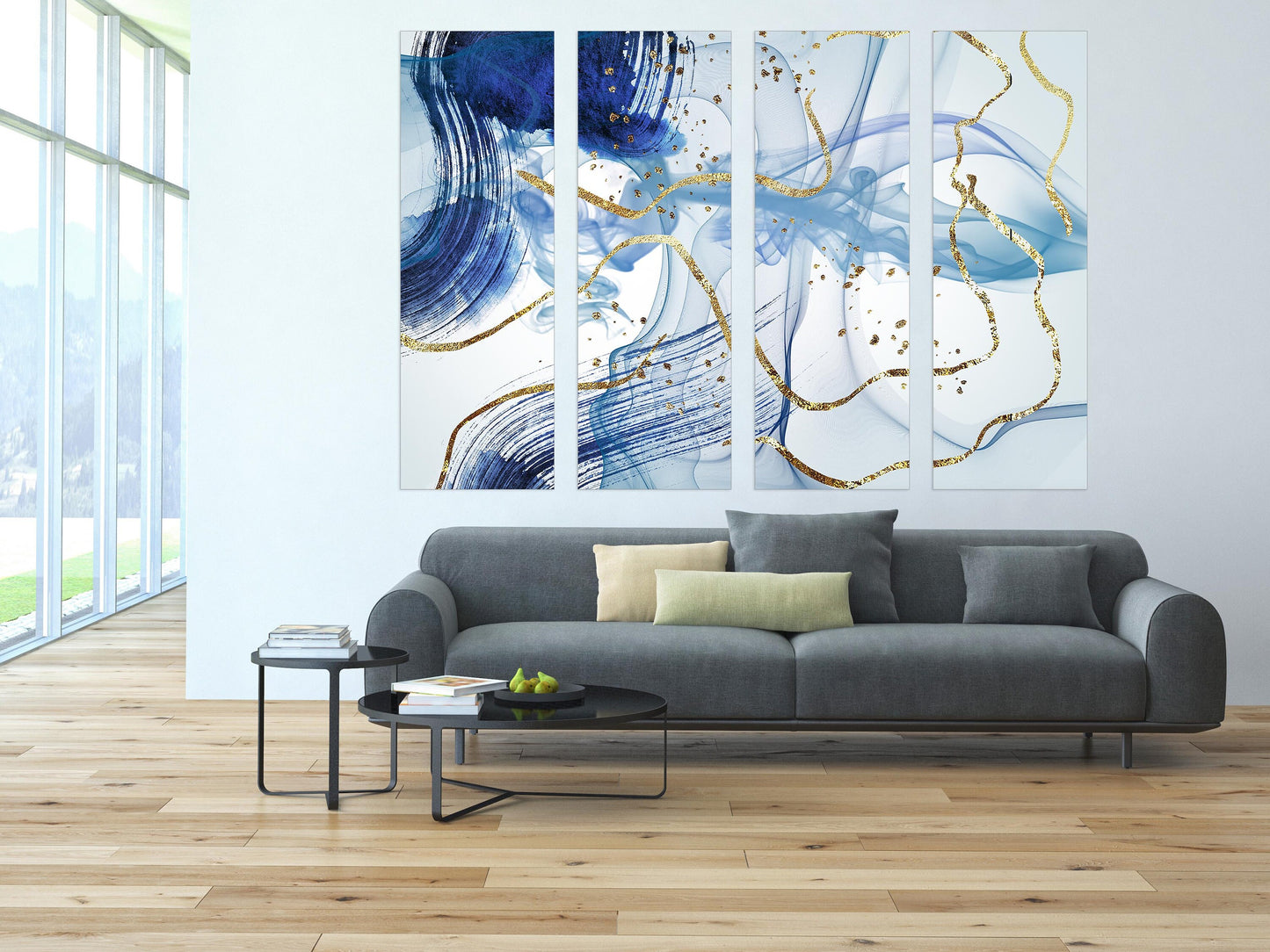 Large abstract painting blue and gold Modern abstract art Multi panel canvas Wall art Canvas painting Abstract wall art Home wall decor