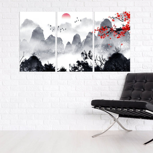 Sakura blossoms Outdoors mountains wall art Home wall decor Rocks and mountains 3 piece frame canvas Mountains posters