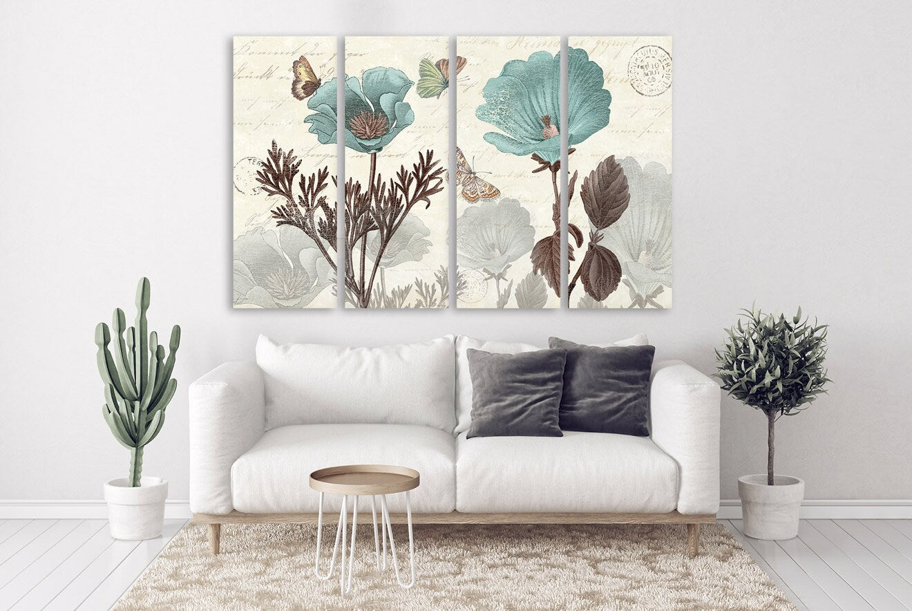 Botanical print canvas set Boho wall art Flowers painting wide Bathroom wall decor housewarming gift