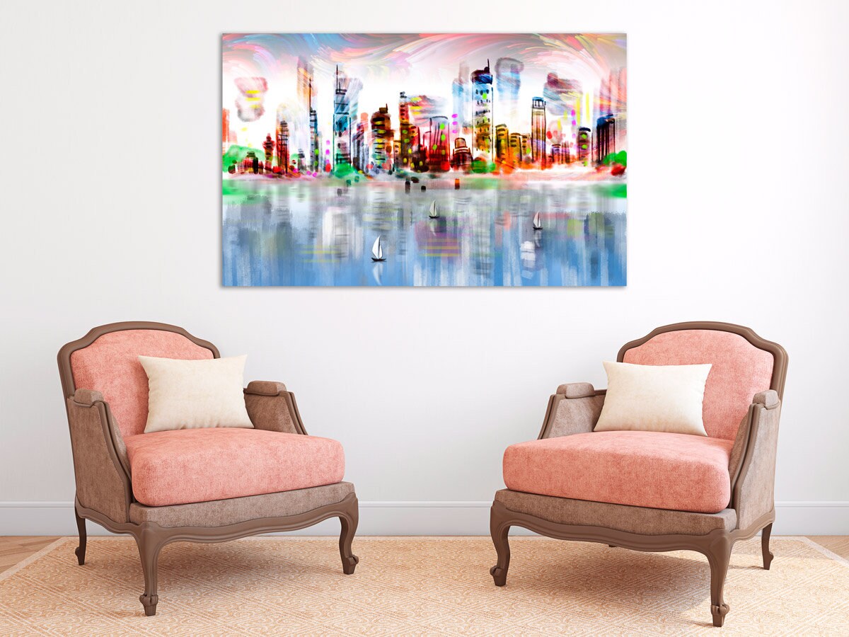 Bright city wall art oil painting canvas print Large wall decor living room modern