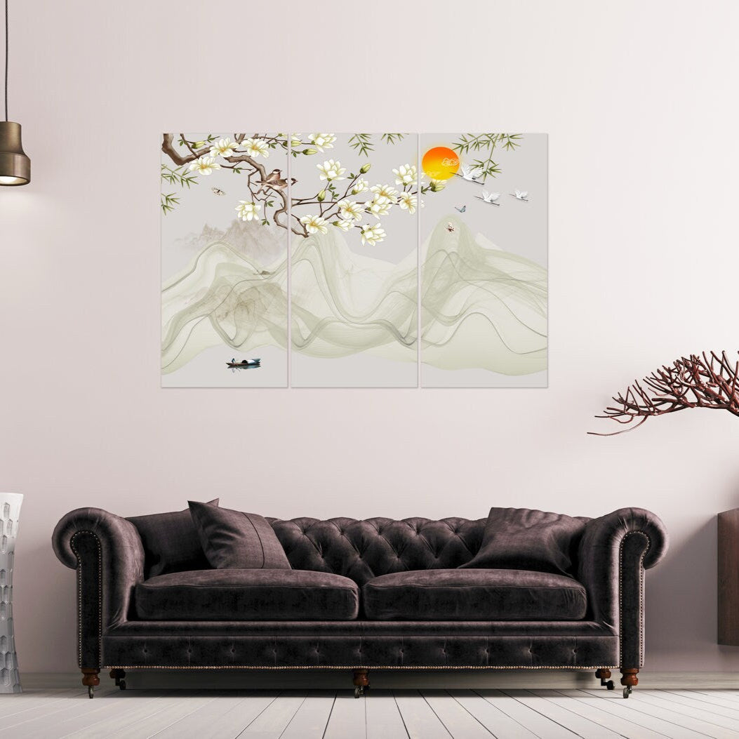 Sakura wall art deco, flower wall art, japanese wall art, asian wall art, extra large wall art, floral canvas painting, calm horizontal art